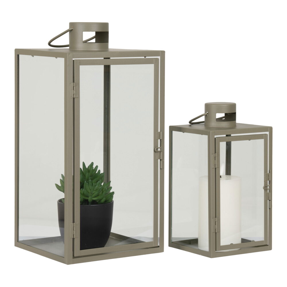 QUVIO Glazen lantaarns  – Groen – Staal en glas – Set van twee