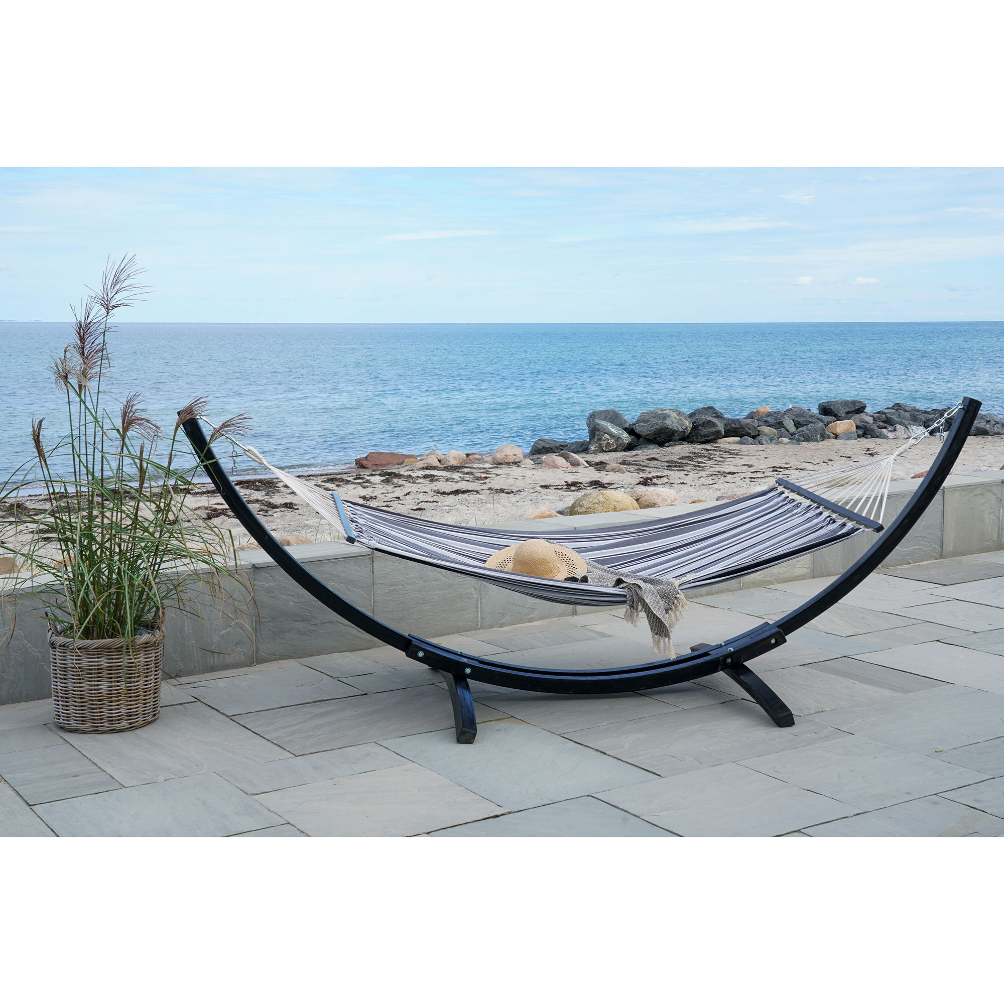 QUVIO Hangmat – Houten Standaard – Polyester/Katoen – Zwart/Grijs/Wit