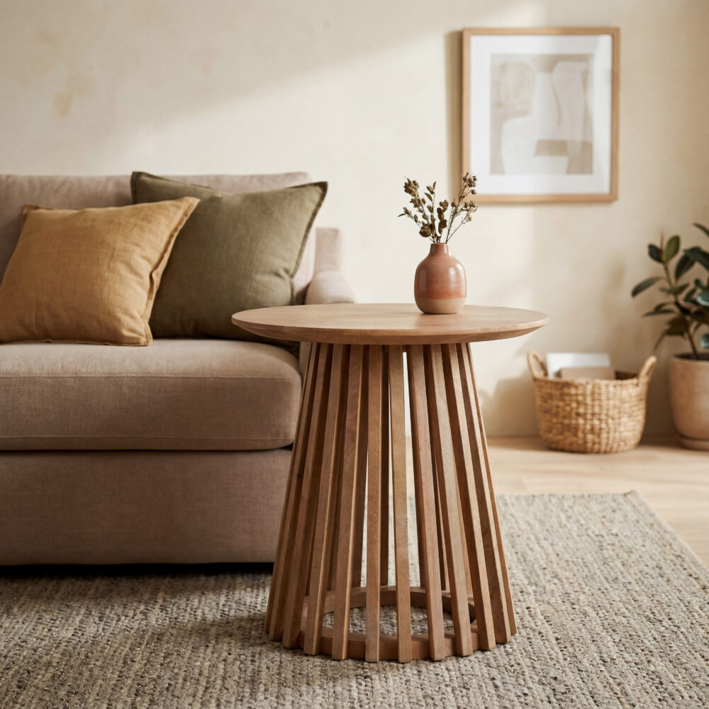 Ronde houten bijzettafel met open lattenonderstel voor een beige bank in een warme woonkamer
