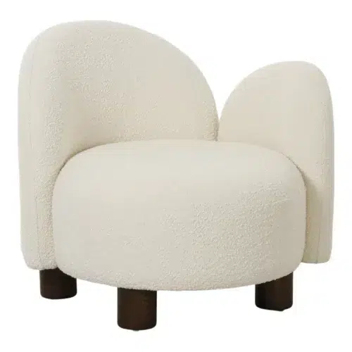 bouclé loungestoel, bouclé fauteuil, fauteuil, fauteuil wit, witte fauteuil, ronde fauteuil, bouclé stof