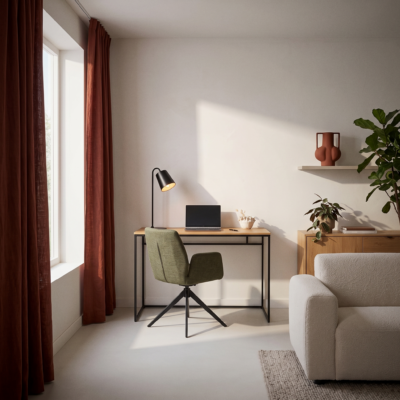 Bureau en bureaulamp en eetkamerstoel schuin van voren in gebruik met laptop op het blad in een moderne woonkamer