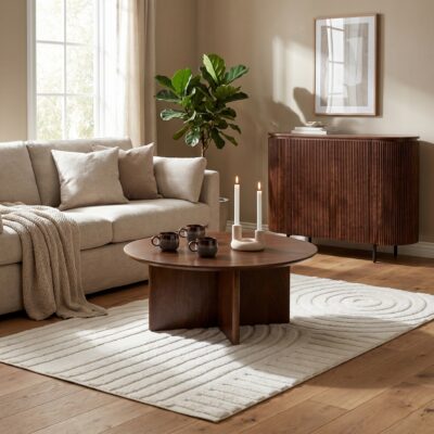Warme woonkamer met ronde houten salontafel, beige bank, donker houten dressoir, kaarsen en groene plant