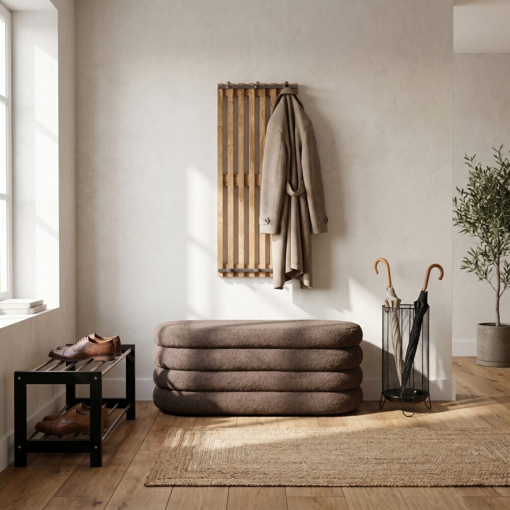 Warme hal met houten wandkapstok, bruine zitbank, zwart schoenenrek, paraplubak en olijfboom