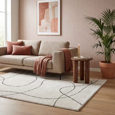 Warme woonkamer met beige bank, ronde houten bijzettafel, roze woonaccessoires en grote groene plant