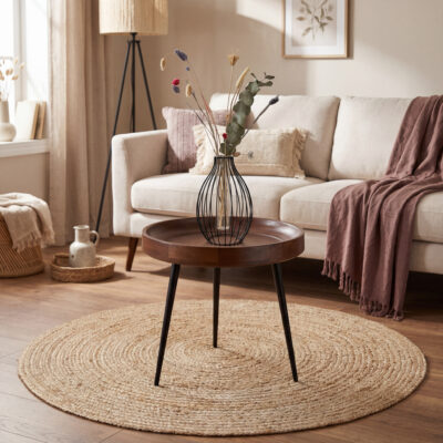 Warme woonkamer met ronde houten bijzettafel, zwarte poten, vaas met droogbloemen en beige bank