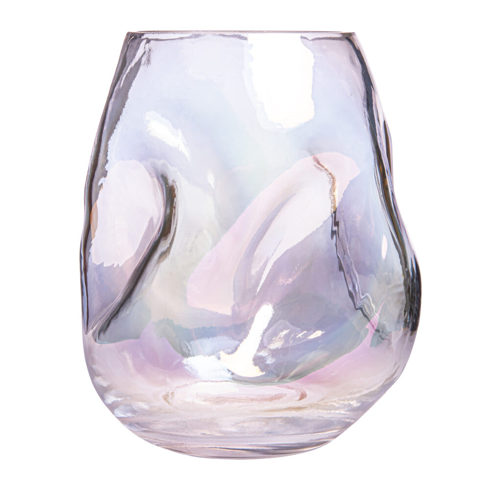 Glazen vaas, glazen vaas in parelmoer, vaas ingedeukt, vaas, bloemenvaas , vaas glas, vazen, parelmoer vaas, iriserende glans, regenboogkleur