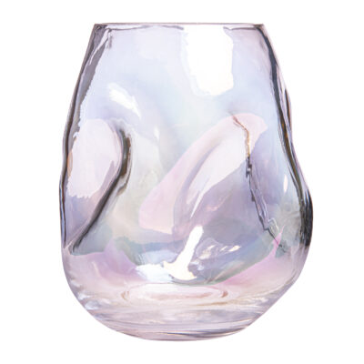 Glazen vaas, glazen vaas in parelmoer, vaas ingedeukt, vaas, bloemenvaas , vaas glas, vazen, parelmoer vaas, iriserende glans, regenboogkleur