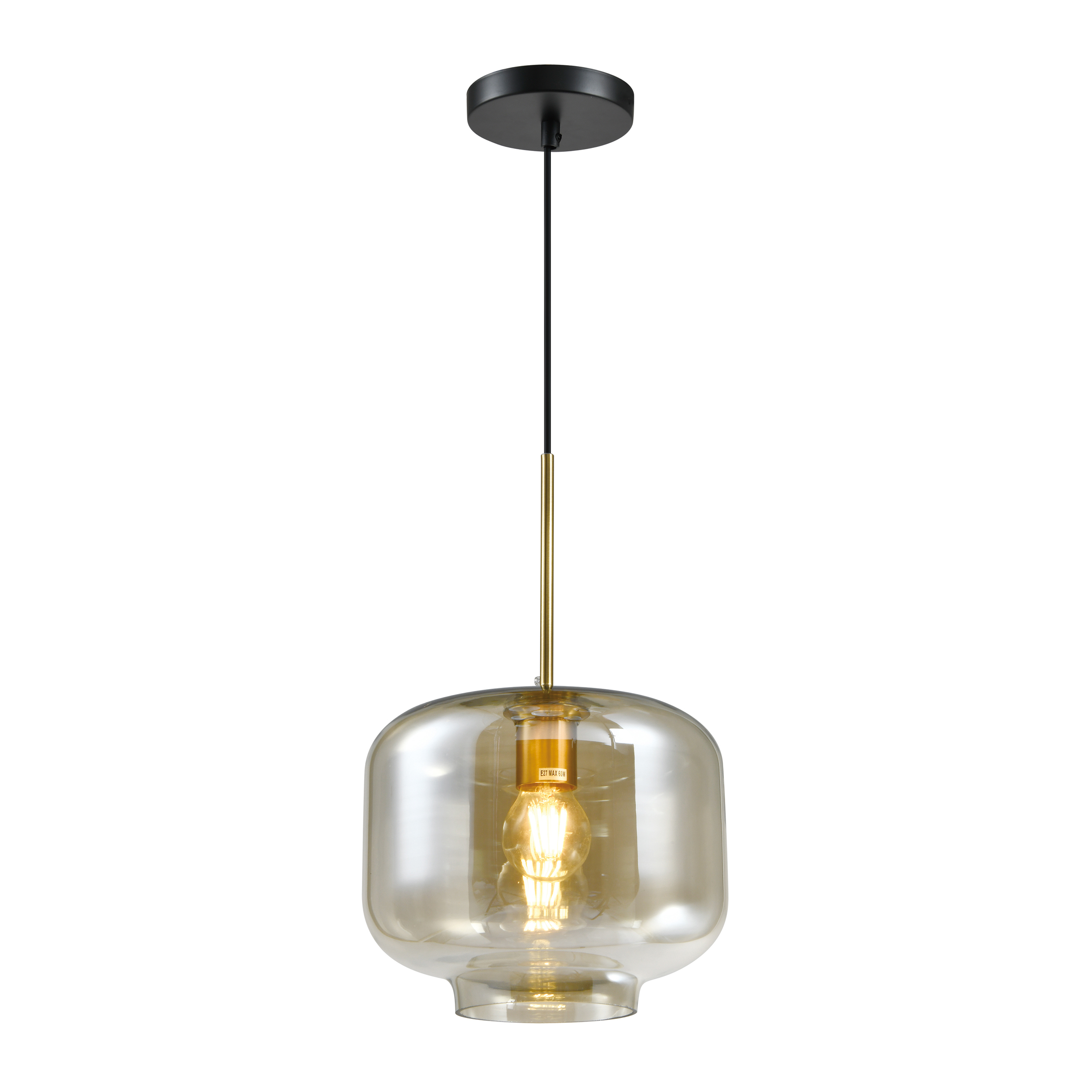 QUVIO Hanglamp met Glazen Kap - Amber - Design Hanglamp Slaapkamer- Bruine Eettafel Hanglamp - Woonkamer Hanglampen - Hotel Chique - Modern - Metaal - Glas - Zwart - Goud