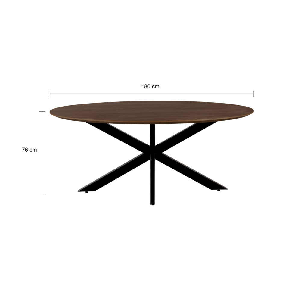 QUVIO Eettafel Sofia – Ovaal – 180×90 cm – Stalen kruispoot – FSC® gecertificeerd mangohout – Bruin