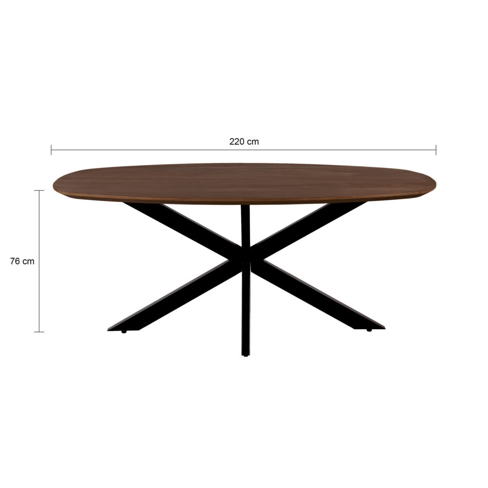 QUVIO Eettafel Sofia – Deens Ovaal – 220 x 110 cm – Stalen kruispoot – FSC® gecertificeerd mangohout – Bruin