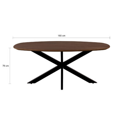 QUVIO Eettafel Sofia – Deens Ovaal – 180 x 90 cm – Stalen kruispoot – FSC® gecertificeerd mangohout – Bruin