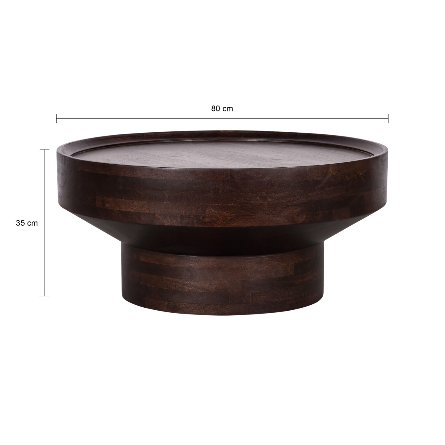 walnoot bruine salontafel, salontafel, ronde tafel, tafel, ronde salontafel, ronde salontafel in walnoot bruin mangohout, afmetingen