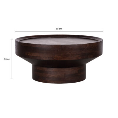 walnoot bruine salontafel, salontafel, ronde tafel, tafel, ronde salontafel, ronde salontafel in walnoot bruin mangohout, afmetingen