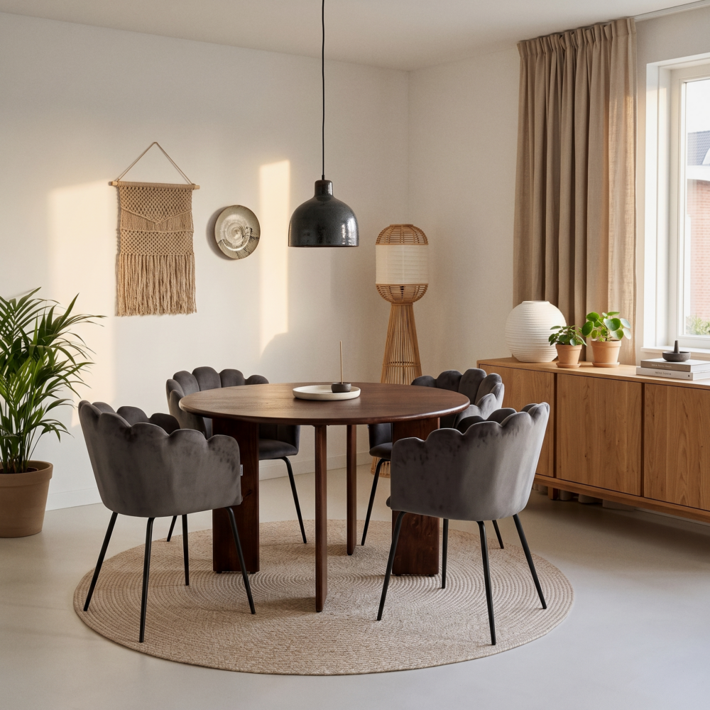 Eettafel en eetkamerstoel en vloerkleed en vaas van voren in een Japandi-eetkamer