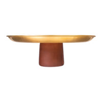 gouden etagère op houten voet, serveerschaal, etagère, opbergschaal, opbergschaal op voet, opbergschaal, schaal goud, etagère goud, gouden schaal, decoratief plateau, decoratieve schaal,