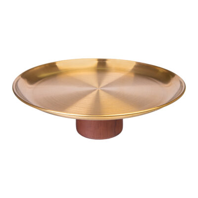 gouden etagère op houten voet, serveerschaal, etagère, opbergschaal, opbergschaal op voet, opbergschaal, schaal goud, etagère goud, gouden schaal, decoratief plateau, decoratieve schaal,