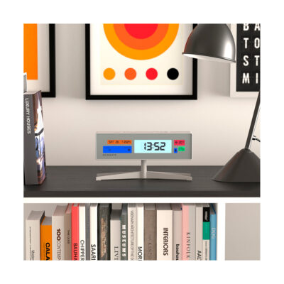 Digital Alarm Clock - White with Multicolour LCD Display - Supergenius - LCD-SUPER2 - Style Shot - Skew