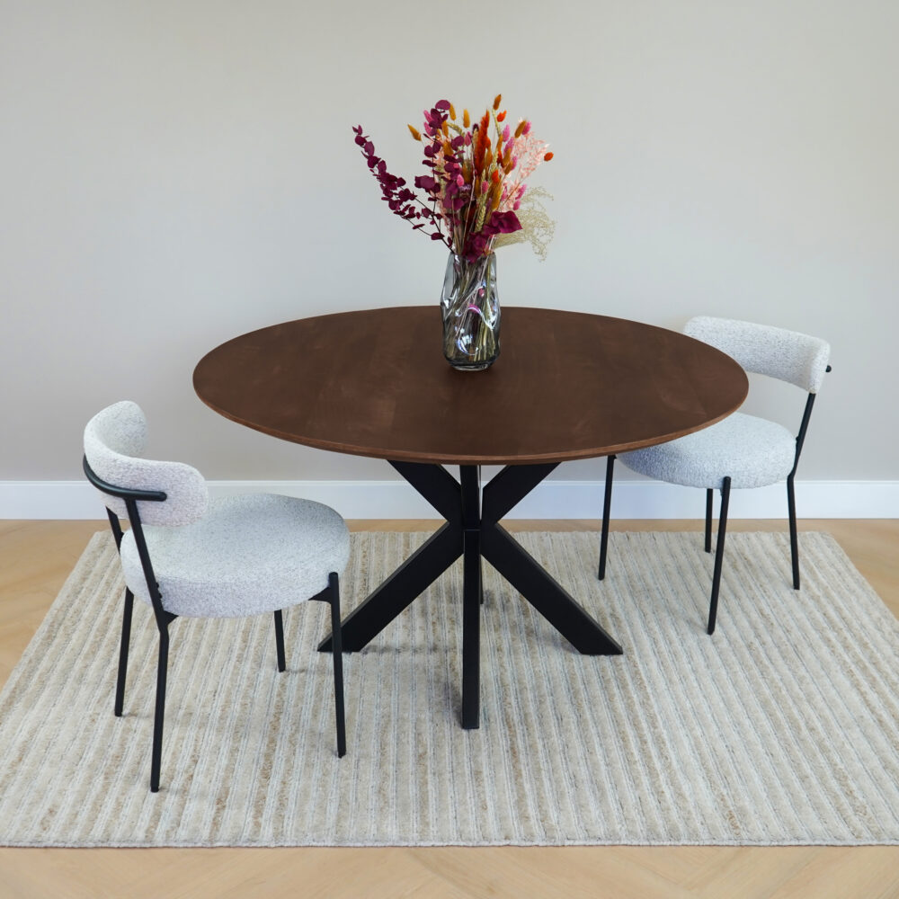 QUVIO Eettafel Sofia – Rond – Ø 130 cm – Stalen kruispoot – FSC® gecertificeerd mangohout – Bruin