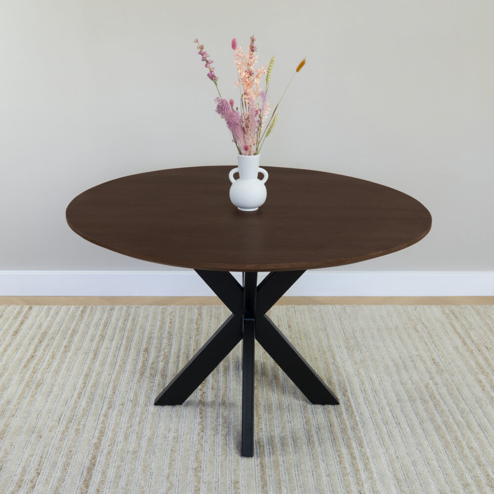 QUVIO Eettafel Sofia – Rond – Ø 120 cm – Stalen kruispoot – FSC® gecertificeerd mangohout – Bruin