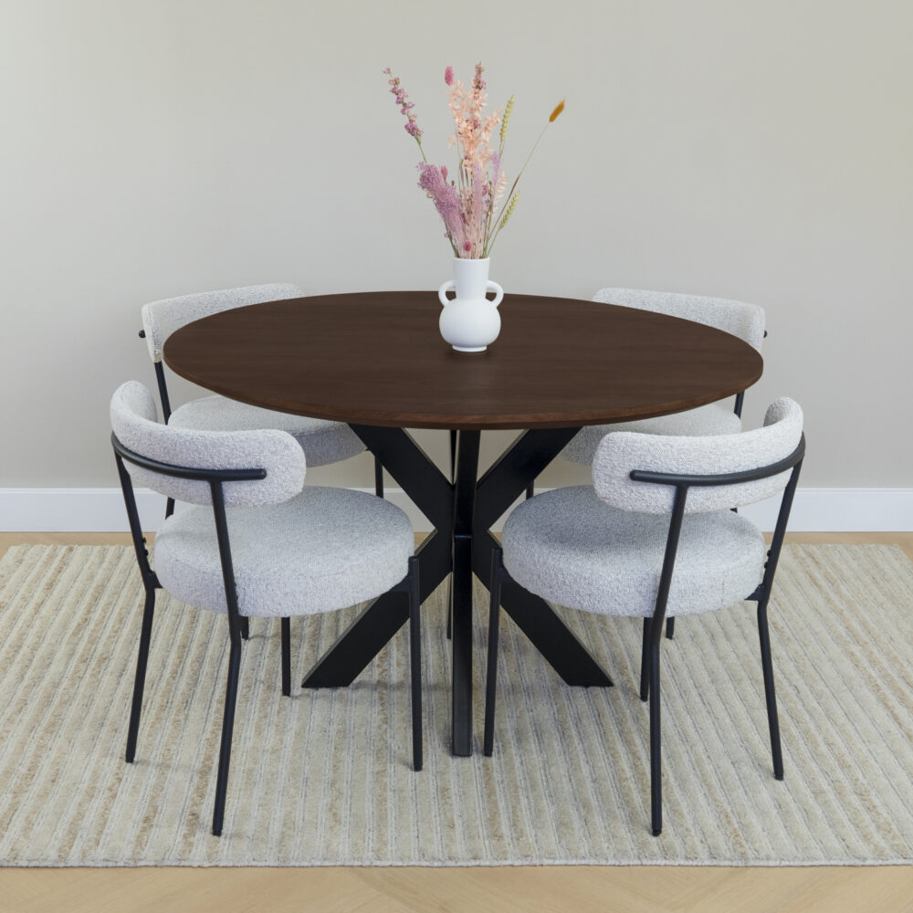 QUVIO Eettafel Sofia – Rond – Ø 120 cm – Stalen kruispoot – FSC® gecertificeerd mangohout – Bruin