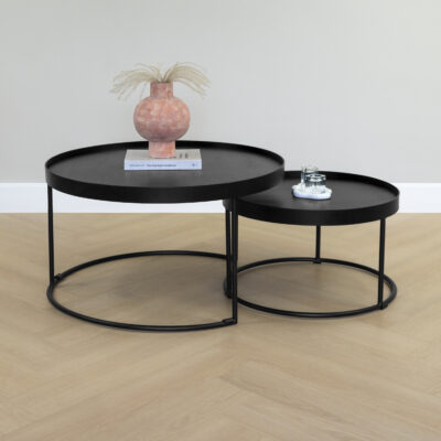 Ronde salontafels, salontafels, salontafel zwart, Ronde salontafels van zwart mangohout, tafels, Sara salontafelset, set van twee ronde tafels, salontafelset, vaas