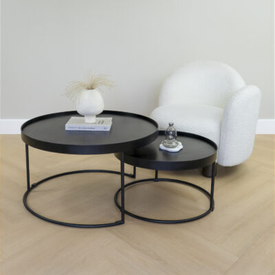 Ronde salontafels, salontafels, salontafel zwart, Ronde salontafels van zwart mangohout, tafels, Sara salontafelset, set van twee ronde tafels, salontafelset, sfeer stoel