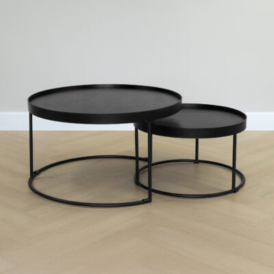 Ronde salontafels, salontafels, salontafel zwart, Ronde salontafels van zwart mangohout, tafels, Sara salontafelset, set van twee ronde tafels, salontafelset, sfeer