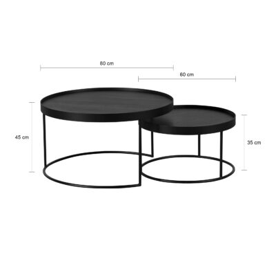 Ronde salontafels, salontafels, salontafel zwart, Ronde salontafels van zwart mangohout, tafels, Sara salontafelset, set van twee ronde tafels, salontafelset, afmetingen