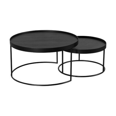 Ronde salontafels, salontafels, salontafel zwart, Ronde salontafels van zwart mangohout, tafels, Sara salontafelset, set van twee ronde tafels, salontafelset,