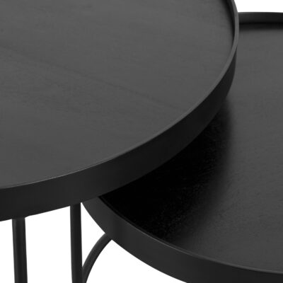 Ronde salontafels, salontafels, salontafel zwart, Ronde salontafels van zwart mangohout, tafels, Sara salontafelset, set van twee ronde tafels, salontafelset, detail