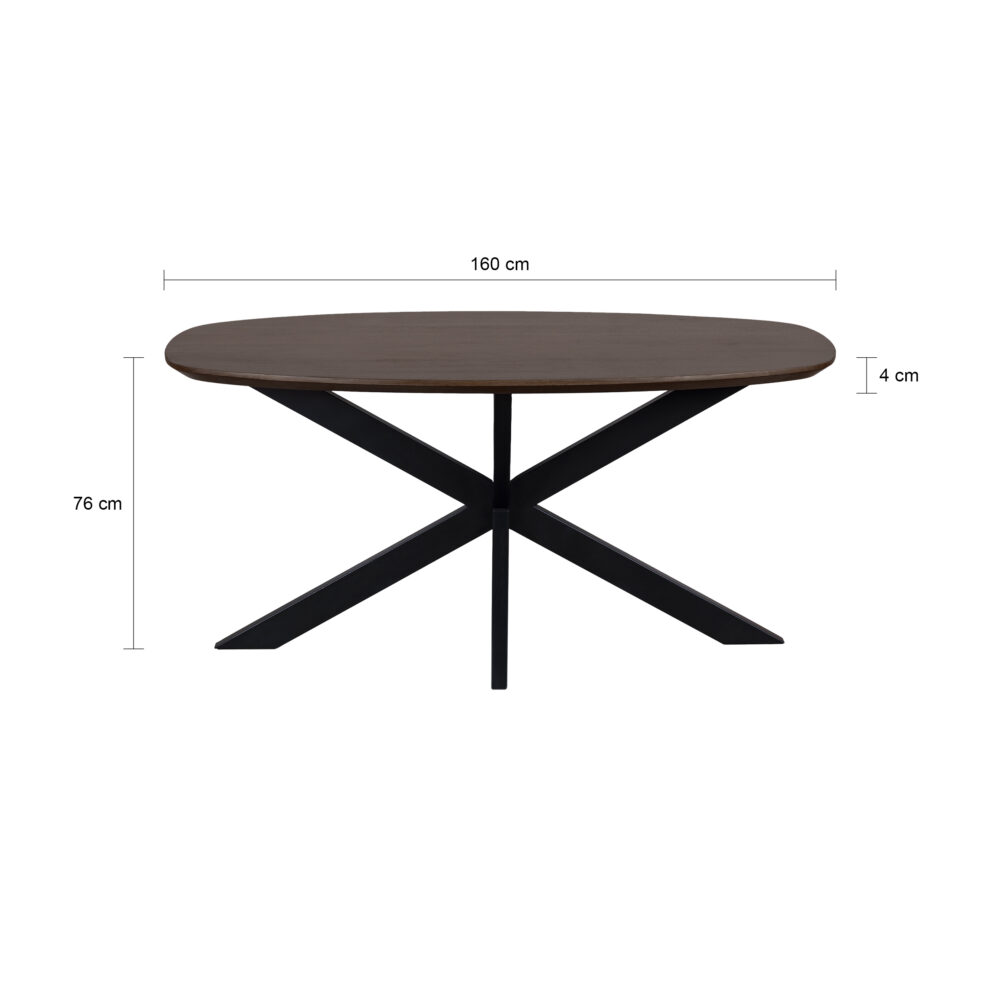 eettafel Sofia, tafel, eettafel, eettafel walnoot bruin, Deens ovale blad, 160 x 90 cm, Deens ovale tafel, Deens ovale tafelblad, eettafel deens ovaal, walnoot bruine eettafel, afmetingen