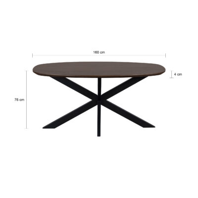 eettafel Sofia, tafel, eettafel, eettafel walnoot bruin, Deens ovale blad, 160 x 90 cm, Deens ovale tafel, Deens ovale tafelblad, eettafel deens ovaal, walnoot bruine eettafel, afmetingen