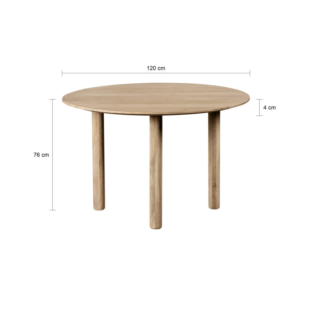 eettafel Lian, mangohouten eettafel Lian van 120 cm, ronde eettafel, eettafel rond, houten eettafel, ronde eettafel 120 cm, tafel, afmetingen