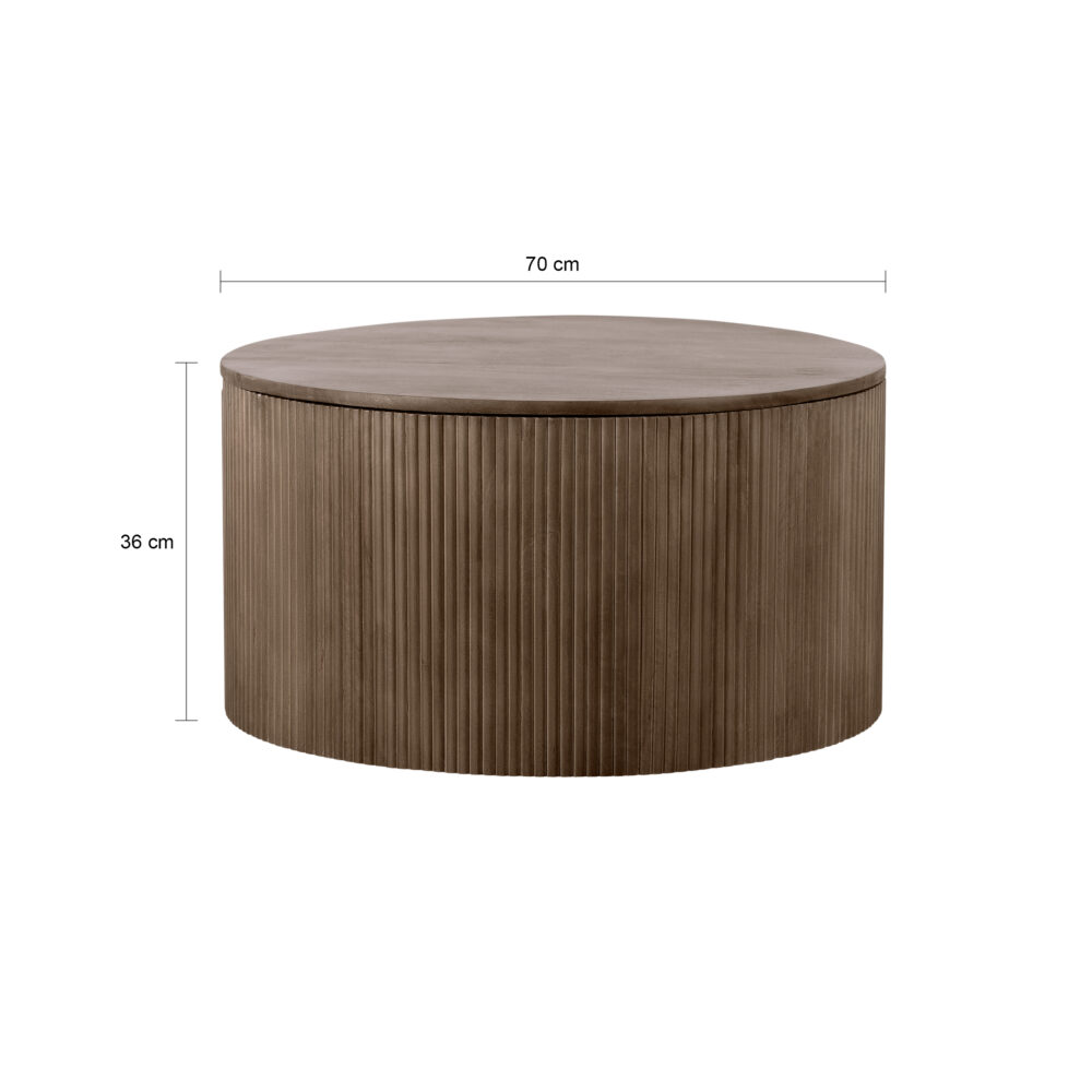 Bruine salontafel van mangohout, Bruine salontafel, salontafel Lonne, salontafel, salontafel van mangohout, Lonne salontafel, salontafel met opbergruimte, ronde salontafel van hout, afmetingen