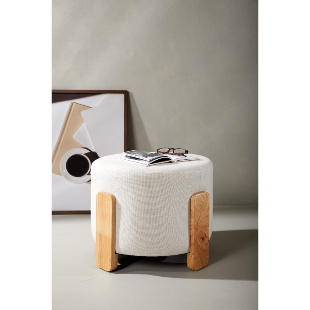 ronde linnen poef hocker wit afbeelding 3