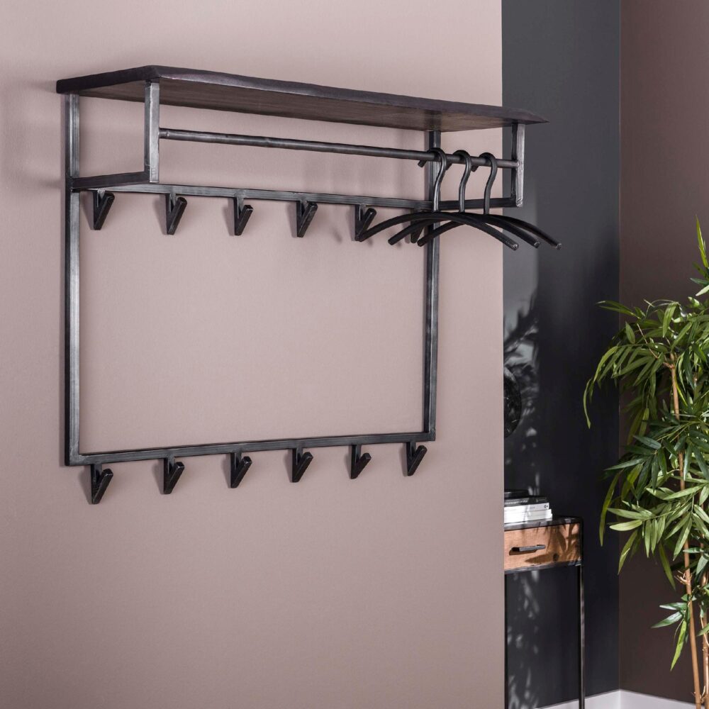 wandkapstok met hoedenplank acaciahout zwart afbeelding 3