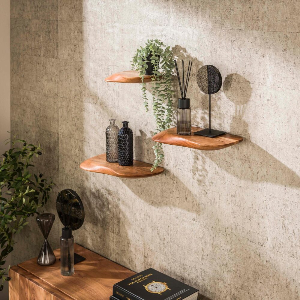 zwevende acaciahouten wandplanken set afbeelding 3