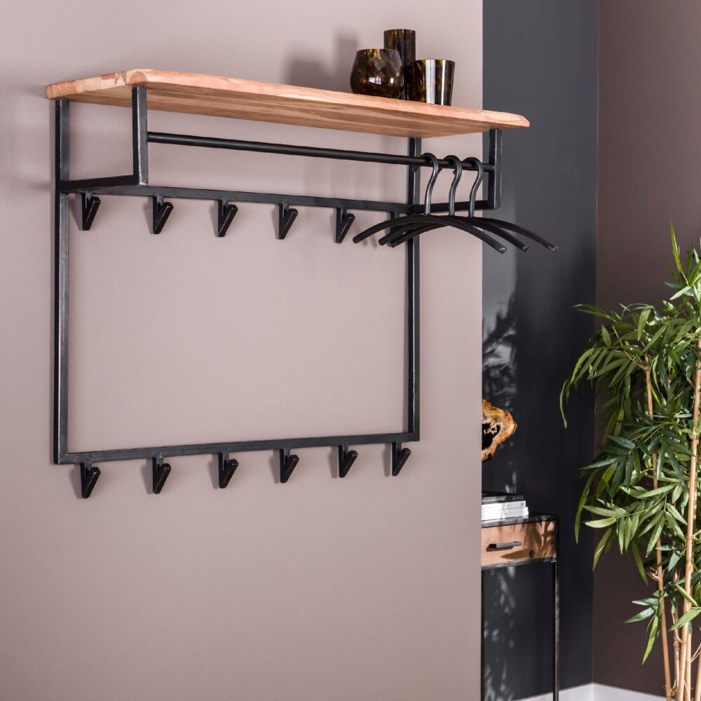 wandkapstok met hoedenplank acaciahout afbeelding 4