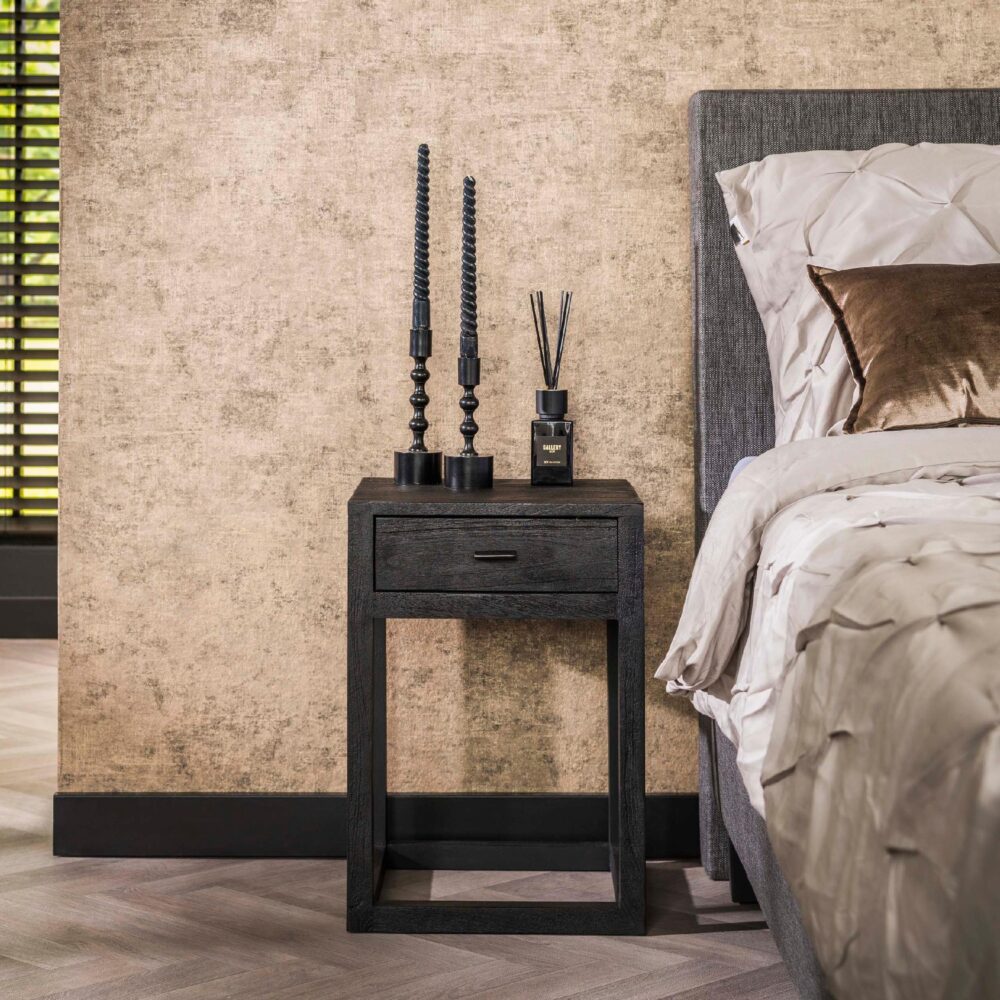 zwart acaciahouten nachtkastje met lade afbeelding 3