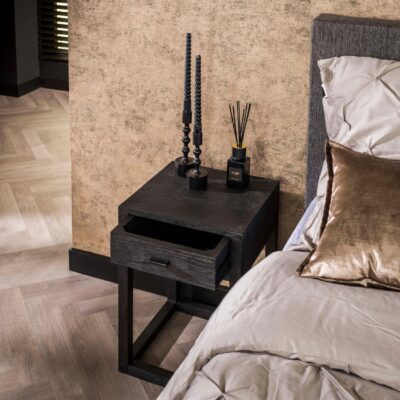 zwart acaciahouten nachtkastje met lade afbeelding 5