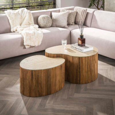salontafel set Sora mangohout travertin look afbeelding 4