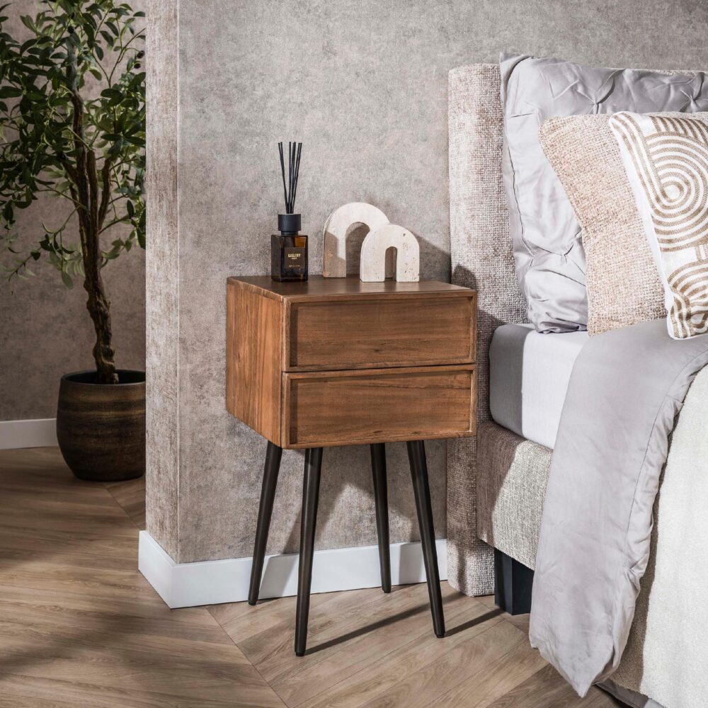 nachtkastje acaciahout bruin met 2 lades afbeelding 4