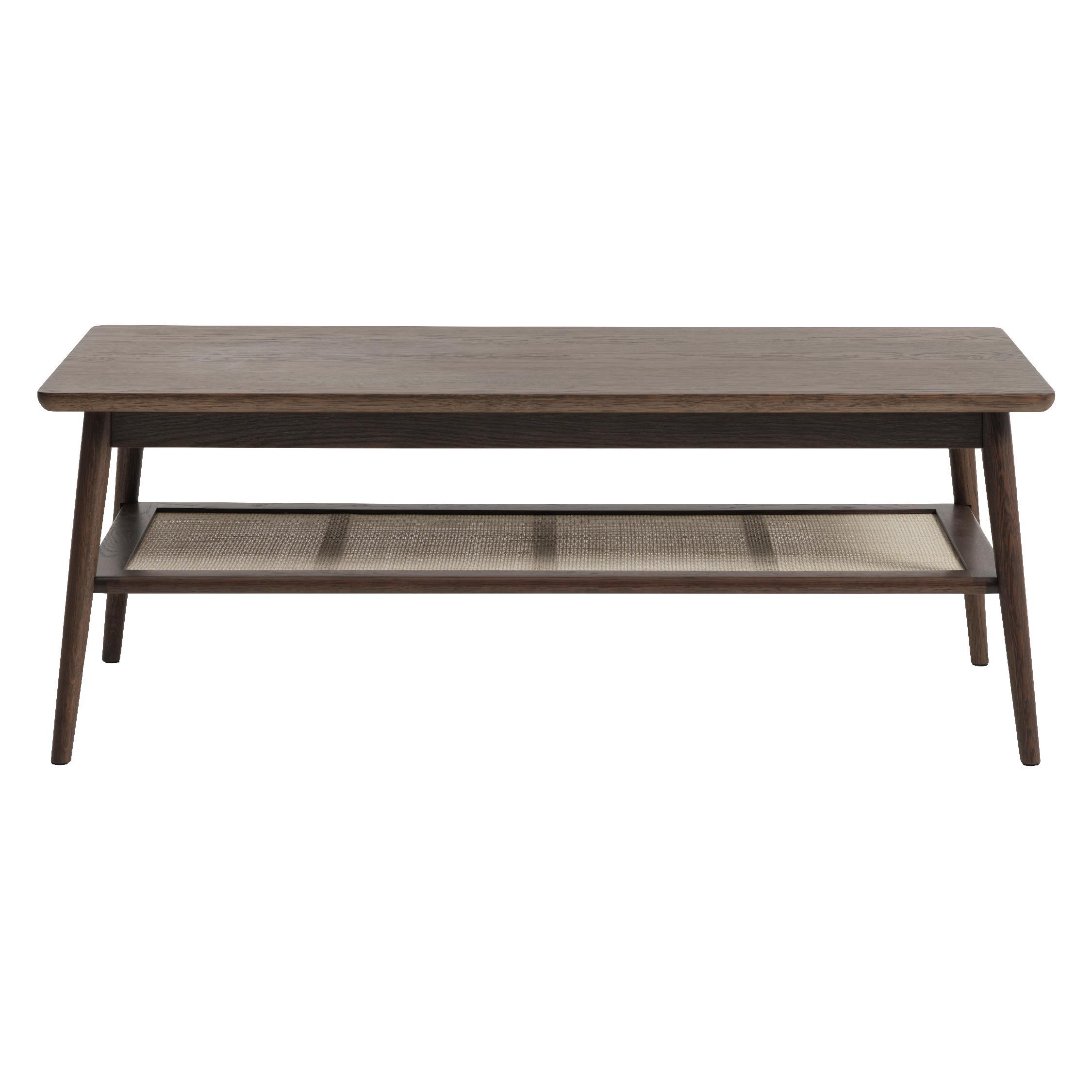 Enli rechthoekige eikenhouten salontafel met rotan legplank afbeelding 1