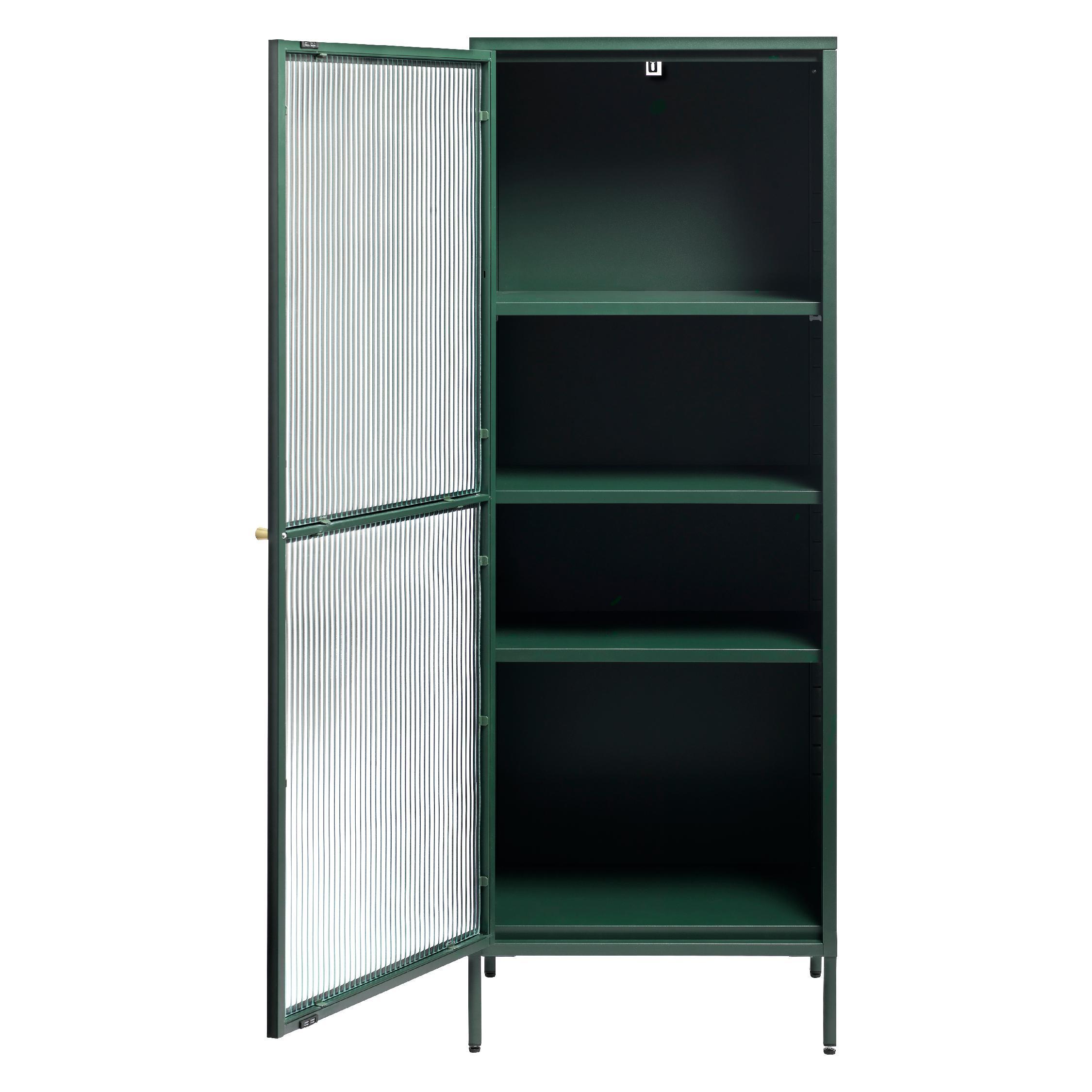 donkergroene metalen vitrinekast Leni met geribbeld glas afbeelding 3