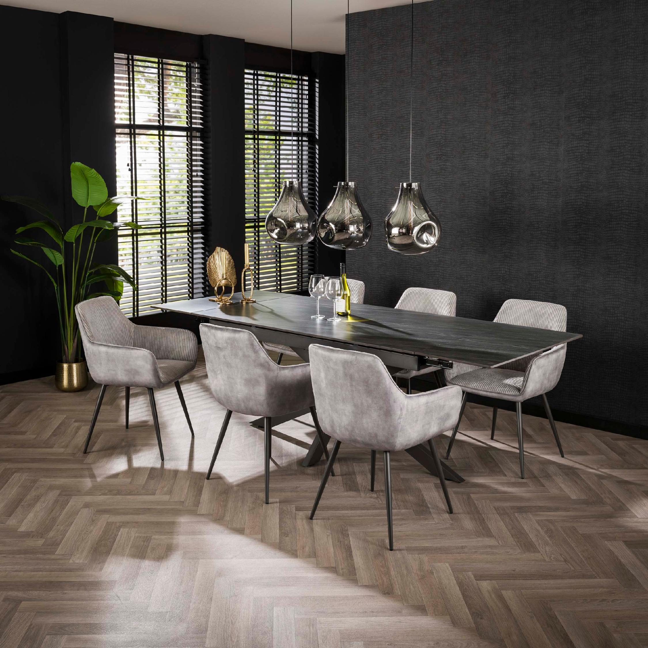 grijze ribstof eetkamerstoelen met armleuning afbeelding 4