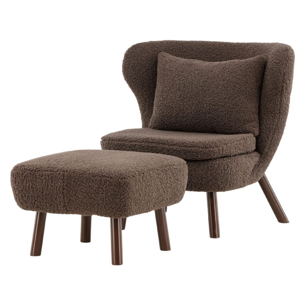 bruine teddy fauteuil met poef afbeelding 1
