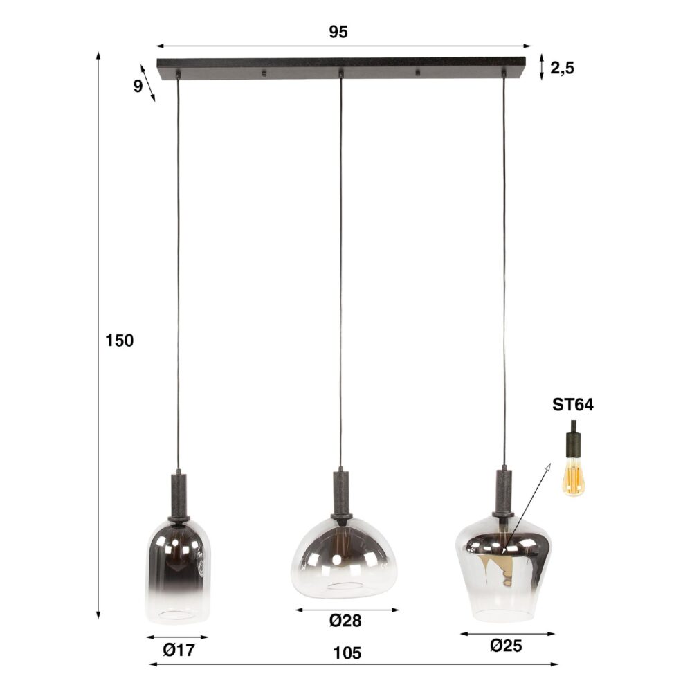zwarte 3-lichts hanglamp met glazen kappen afbeelding 2