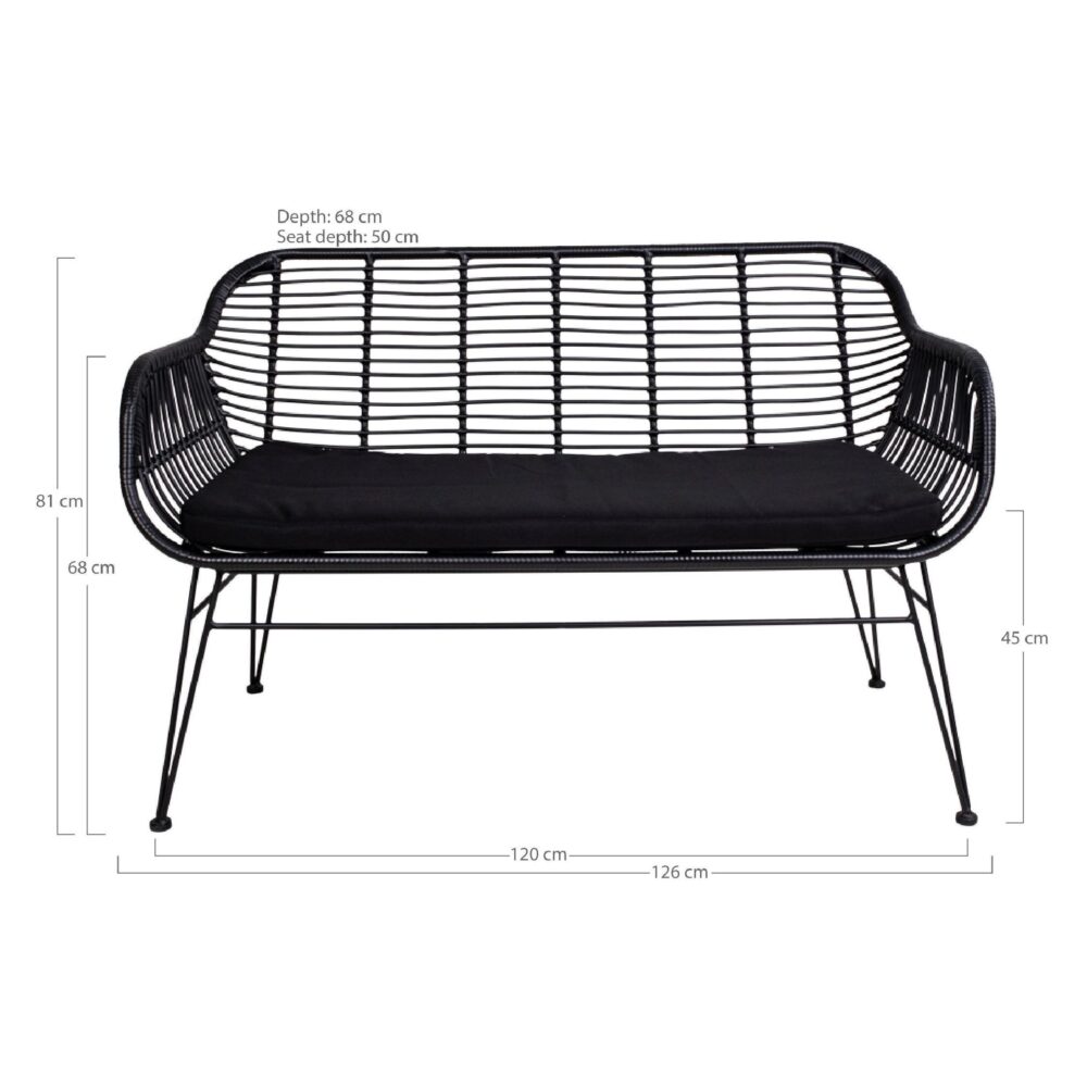 zwarte polyrattan tuinbank met kussen afbeelding 5