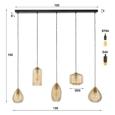 Elian smoke bruine glazen eettafellamp 5-lichts afbeelding 2