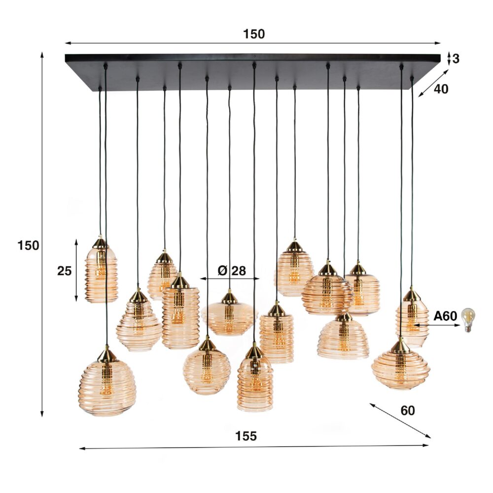 amber glazen hanglamp 15-lichts afbeelding 2